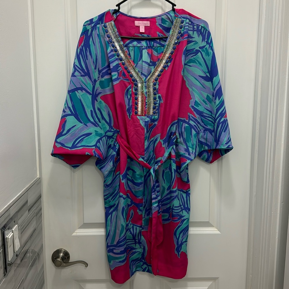 Lilly Pulitzer Pink Blue Beaded Tropical Print Tunic Dress